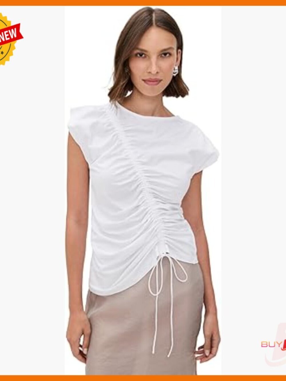 White Boat Neck Jersey Top with Ruching, Short Cap Sleeves